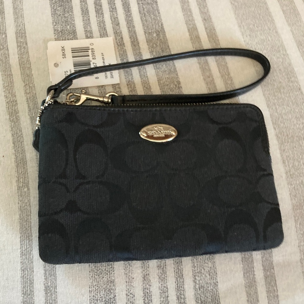 NW T Coach Black Wristlet with Logo Detail